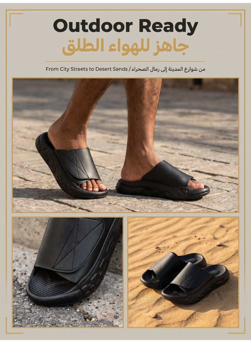 Frostvolt Men's Velcro Adjustable Slide Sandals — PU Leather Upper + Cushion EVA Thick Sole | 3 Colors (Classic Black / Desert Camel / Midnight Navy) | Sizes 39–45 - Image 5
