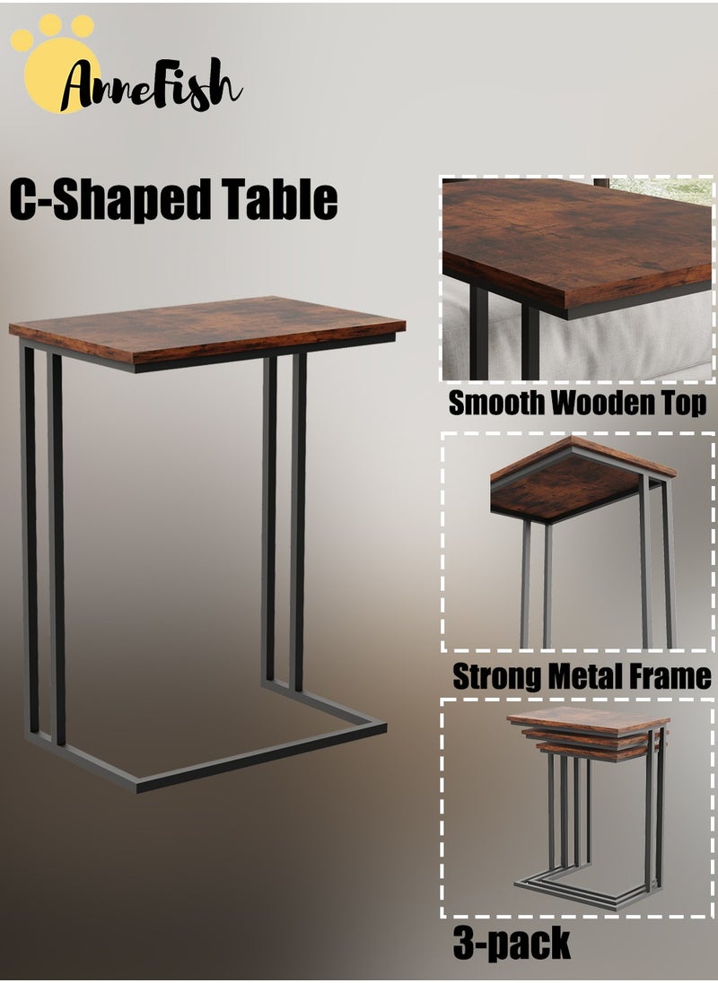 AnneFish - 3Pcs C-Shaped Coffee Service Table Set Sofa Side Nesting Table End Table For Home Living Room Bedroom Small Coffee Table Couch Table Metal Frame Easy Assembly - Image 1