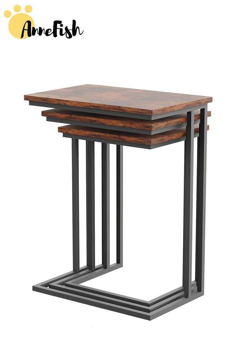 AnneFish - 3Pcs C-Shaped Coffee Service Table Set Sofa Side Nesting Table End Table For Home Living Room Bedroom Small Coffee Table Couch Table Metal Frame Easy Assembly - Image 1