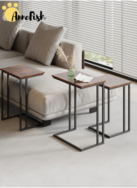 3Pcs C-Shaped Coffee Service Table Set Sofa Side Nesting Table End Table For Home Living Room Bedroom Small Coffee Table Couch Table Metal Frame Easy Assembly