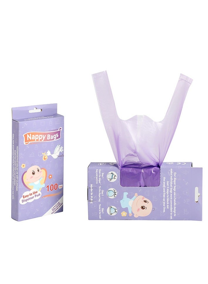 100Pcs Disposal Bags Baby Powder Scented with Handles, Leak Proof Odor Control Trash Bags for Diaper, Dog Poop, Travel, Camping & Menstrual Waste (16x34cm Purple) - Image 1