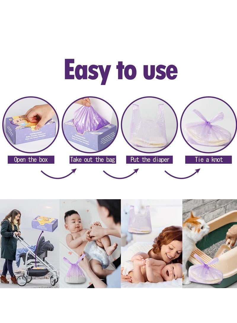 100Pcs Disposal Bags Baby Powder Scented with Handles, Leak Proof Odor Control Trash Bags for Diaper, Dog Poop, Travel, Camping & Menstrual Waste (16x34cm Purple) - Image 2