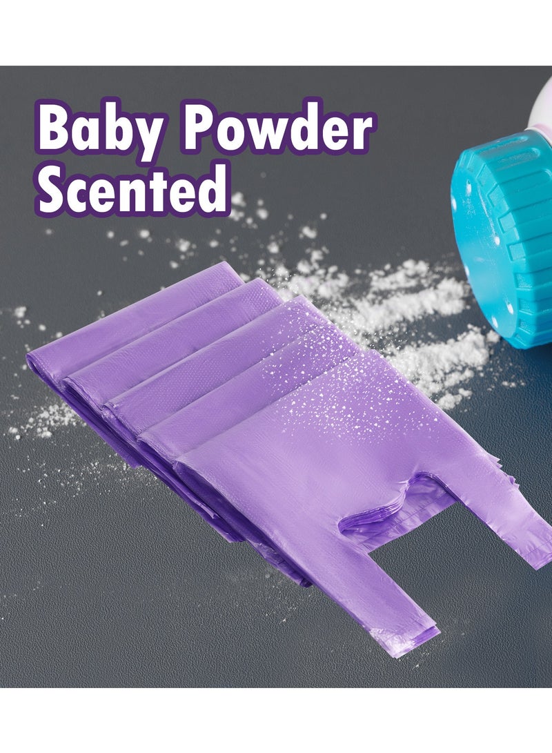 100Pcs Disposal Bags Baby Powder Scented with Handles, Leak Proof Odor Control Trash Bags for Diaper, Dog Poop, Travel, Camping & Menstrual Waste (16x34cm Purple) - Image 5