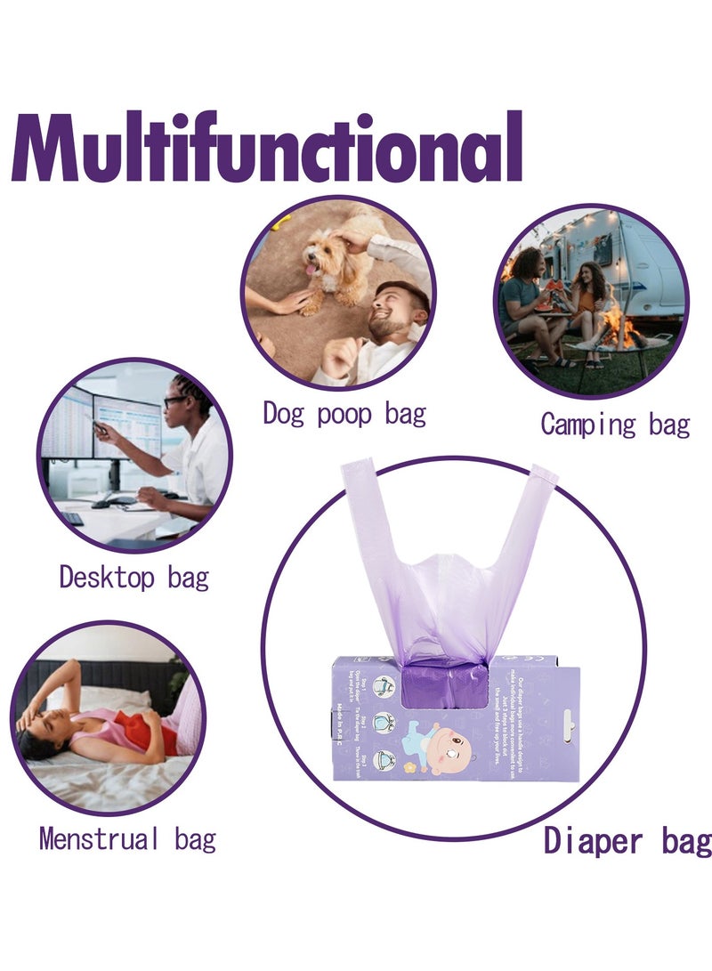 100Pcs Disposal Bags Baby Powder Scented with Handles, Leak Proof Odor Control Trash Bags for Diaper, Dog Poop, Travel, Camping & Menstrual Waste (16x34cm Purple) - Image 4