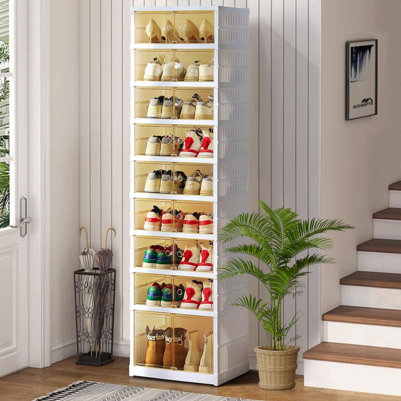 AOHMPT Shoe Box Foldable Storage Box Easy Assembly Clear Plastic Stackable Shoe Storage Organizer Cabinet Shoe Container with Lids Large Size Shoe Rack (9 layers) - Image 1