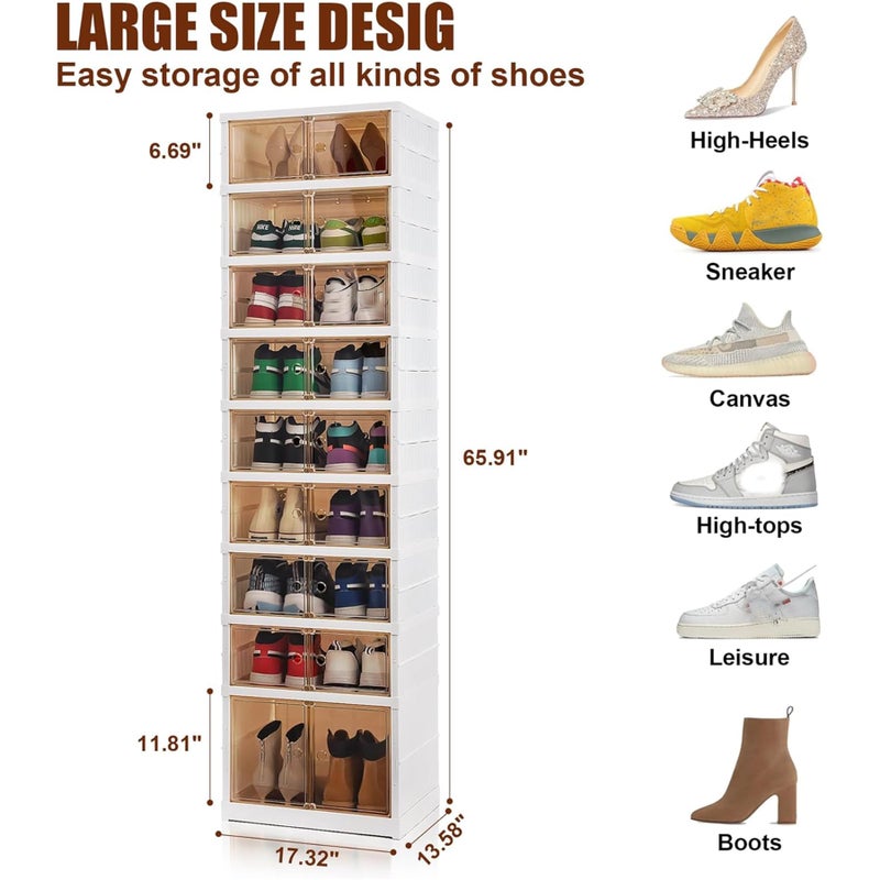 AOHMPT Shoe Box Foldable Storage Box Easy Assembly Clear Plastic Stackable Shoe Storage Organizer Cabinet Shoe Container with Lids Large Size Shoe Rack (9 layers) - Image 2