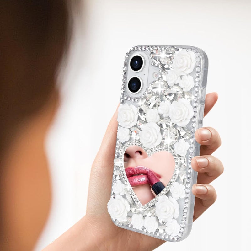 guppy for iPhone 16 Glitter Bling Case, with Lanyard Wrist Strap, Cute Luxury 3D Sparkle Heart Makeup Mirror Crystal Rhinestone Flowers Diamond Gems Pearl Women Girls Case for iPhone 16, White - Image 5