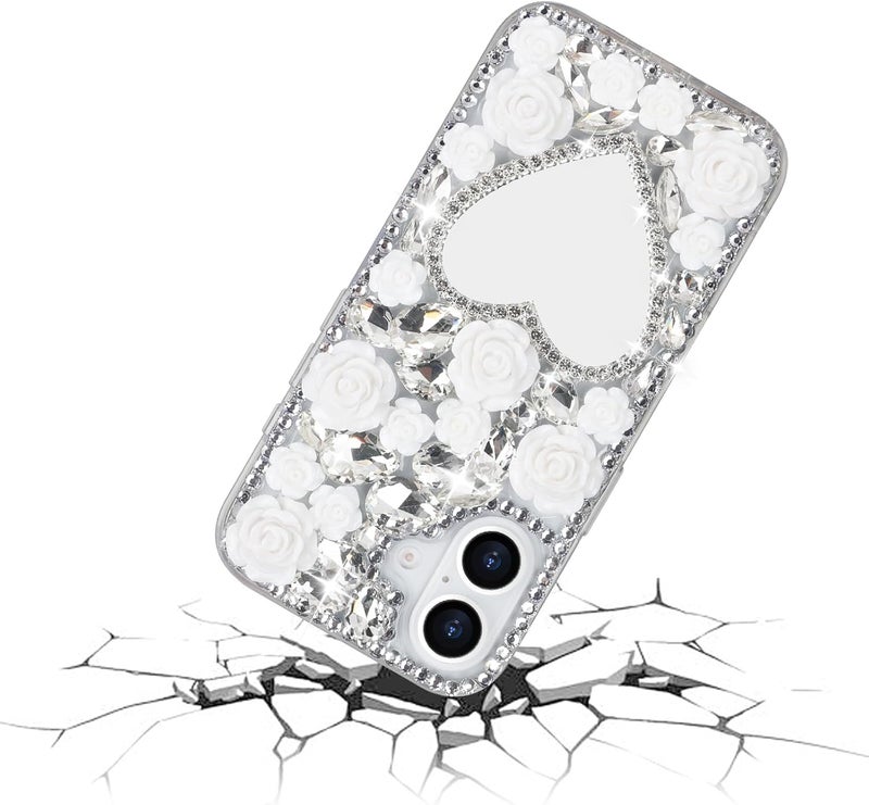 guppy for iPhone 16 Glitter Bling Case, with Lanyard Wrist Strap, Cute Luxury 3D Sparkle Heart Makeup Mirror Crystal Rhinestone Flowers Diamond Gems Pearl Women Girls Case for iPhone 16, White - Image 4