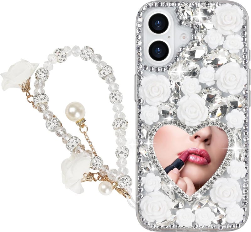 guppy for iPhone 16 Glitter Bling Case, with Lanyard Wrist Strap, Cute Luxury 3D Sparkle Heart Makeup Mirror Crystal Rhinestone Flowers Diamond Gems Pearl Women Girls Case for iPhone 16, White - Image 2