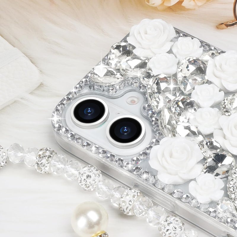 guppy for iPhone 16 Glitter Bling Case, with Lanyard Wrist Strap, Cute Luxury 3D Sparkle Heart Makeup Mirror Crystal Rhinestone Flowers Diamond Gems Pearl Women Girls Case for iPhone 16, White - Image 3