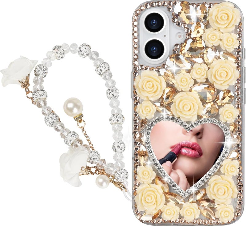 guppy for iPhone 16 Glitter Bling Case, with Lanyard Wrist Strap, Cute Luxury 3D Sparkle Heart Makeup Mirror Crystal Rhinestone Flowers Diamond Gems Pearl Women Girls Case for iPhone 16, White - Image 1