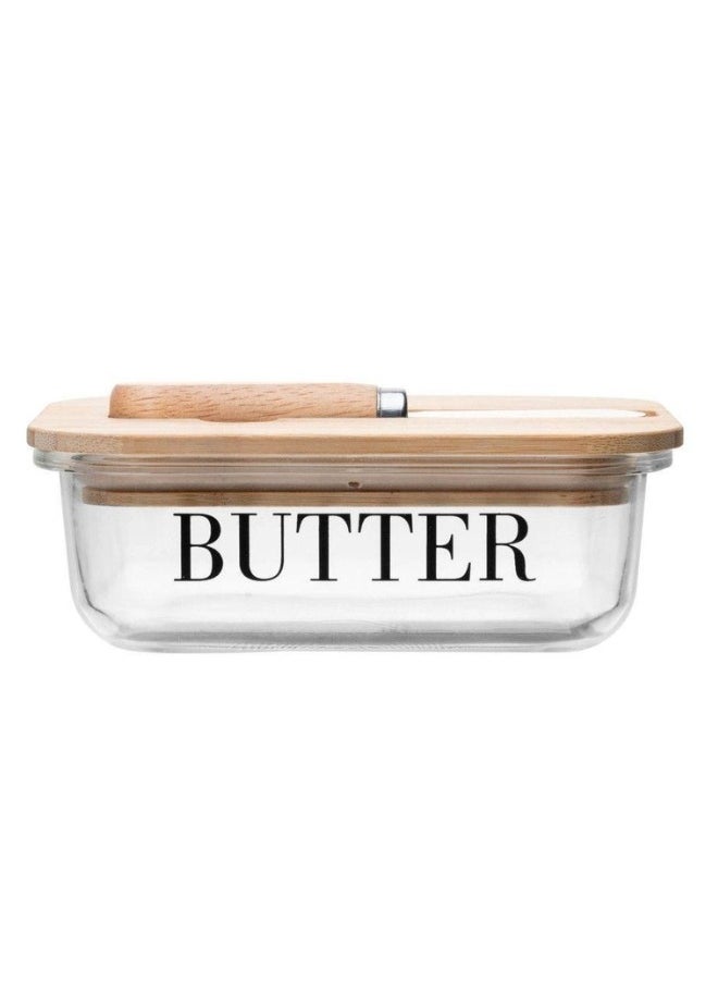 Glass Butter Dish with Wooden Lid and Serving Knife, Butter Storage Container with Knife and Lid, High Quality Bamboo Butter Dishes with Lids