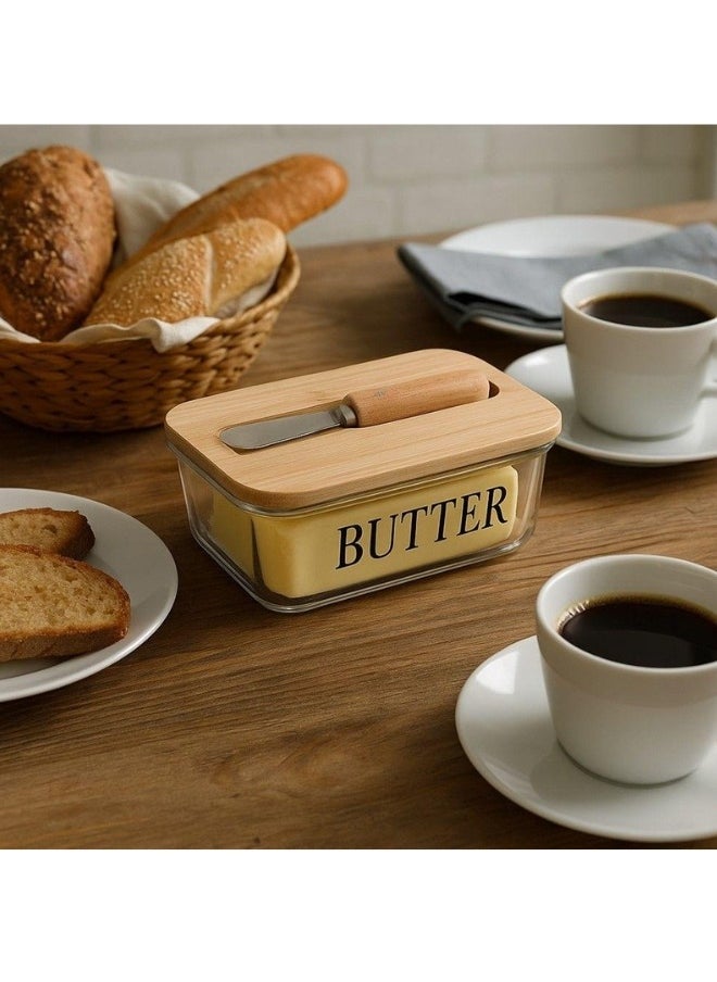 Glass Butter Dish with Wooden Lid and Serving Knife, Butter Storage Container with Knife and Lid, High Quality Bamboo Butter Dishes with Lids