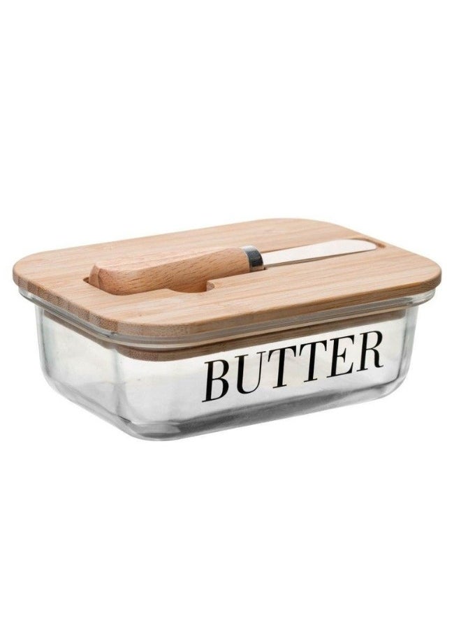Glass Butter Dish with Wooden Lid and Serving Knife, Butter Storage Container with Knife and Lid, High Quality Bamboo Butter Dishes with Lids