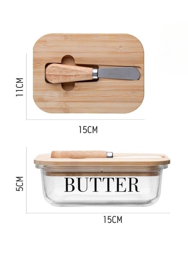 Glass Butter Dish with Wooden Lid and Serving Knife, Butter Storage Container with Knife and Lid, High Quality Bamboo Butter Dishes with Lids
