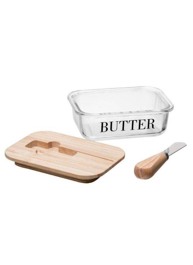 Glass Butter Dish with Wooden Lid and Serving Knife, Butter Storage Container with Knife and Lid, High Quality Bamboo Butter Dishes with Lids