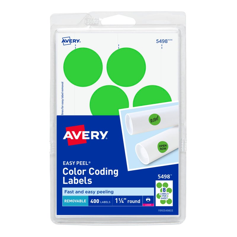 Avery 5498 Removable Print or Write Color Coding Labels for Laser Printers, 1-1/4" Round - Neon Green (Pack of 400) - Image 1