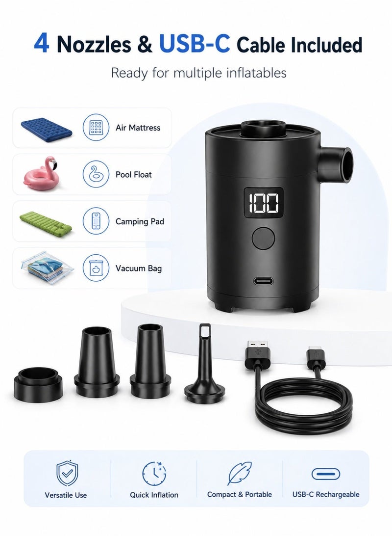 MACAIIROOS Portable Electric Air Pump - Wireless, 4000mah Battery, Type-C Fast Charging, 4 Nozzles, Suitable for Air Mattresses, Pools, Inflatable Toys, Camping Gear, And Vacuum Storage Bags - Image 5
