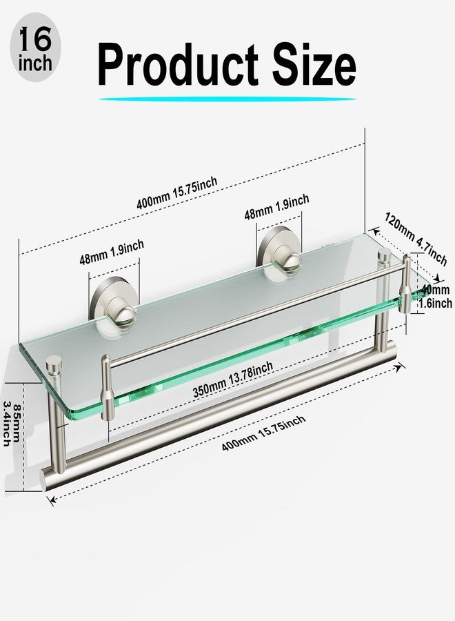 Koco & K KOCOK Glass Shelf for Bathroom with Towel Bar,16-Inches Brushed Nickel Floating Glass Shelf with Towel Rack Rectangular Tempered Glass Stainless Steel Glass Shelves Wall Mount Accessories - Image 2