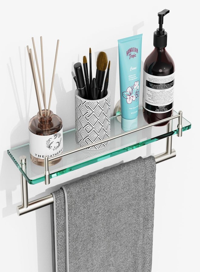Koco & K KOCOK Glass Shelf for Bathroom with Towel Bar,16-Inches Brushed Nickel Floating Glass Shelf with Towel Rack Rectangular Tempered Glass Stainless Steel Glass Shelves Wall Mount Accessories - Image 1