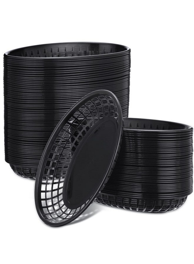 Potchen Potchen 100 Pcs Fast Food Baskets 8.9 x 5.5 Inch Plastic Baskets for Food Black Chip Tray Reusable Bread Fry Oval Serving Tray for Restaurant Supplies Hot Dog Deli Serving Chicken  - Image 1