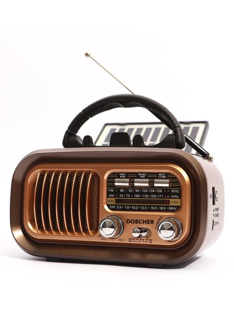 DOSCHER - Small Retro Vintage Radio with Bluetooth,Portable Transistor Radio AM FM SW with Best Sound,Excellent Reception,Support TF Card USB MP3 Player,USB or Solar Charging - Image 1