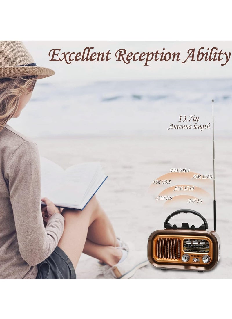 DOSCHER - Small Retro Vintage Radio with Bluetooth,Portable Transistor Radio AM FM SW with Best Sound,Excellent Reception,Support TF Card USB MP3 Player,USB or Solar Charging - Image 1
