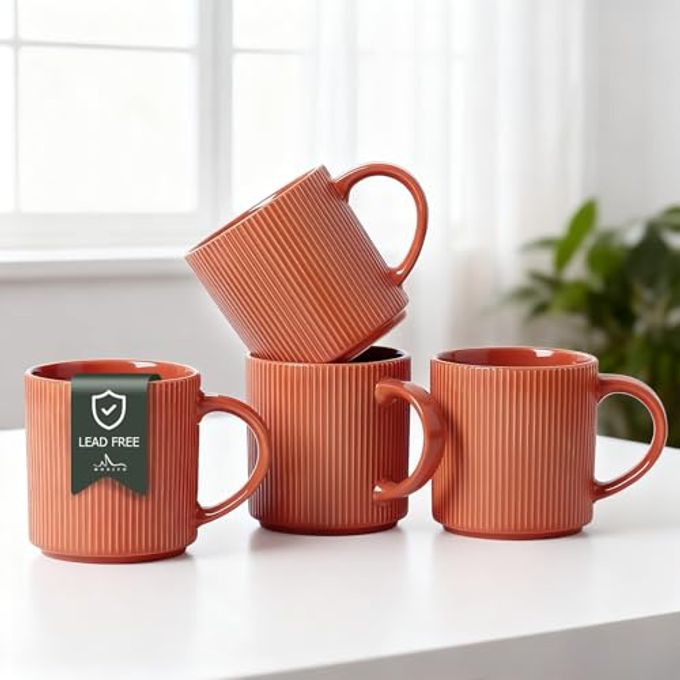 MONITO 16Oz Coffee Mugs Set of 4, Rustic Ceramic Coffee Cups Set with Large Handle, Vintage Striped Stoneware Coffee Mugs for Latte, Cocoa, Tea, Milk, Microwave & Dishwasher Safe, BRICK RED