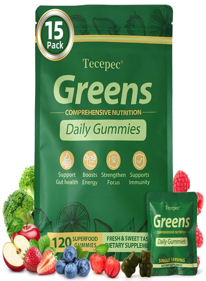 Tecepec Greens Daily Gummies, Superfood Fruits and Veggies Blend with Spirulina, Chlorella, Prebiotics & Fiber, Adaptogens Multivitamin Supplement for Digestive Health, Non-GMO, 120 Count - Image 1