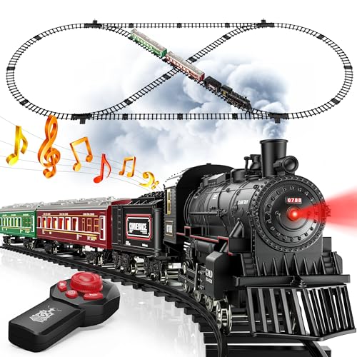 Hot Bee Train Set, Remote Control Train Toys with Luxury Track & Glowing Passenger Carriages, Metal Christmas Tree Train with Smoke, Light and Sound, Toy Train Set for 3 4 5 6 7+ Years Old Boys Gifts - Image 1