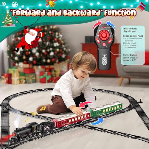 Hot Bee Train Set, Remote Control Train Toys with Luxury Track & Glowing Passenger Carriages, Metal Christmas Tree Train with Smoke, Light and Sound, Toy Train Set for 3 4 5 6 7+ Years Old Boys Gifts - Image 3
