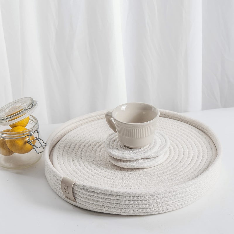 Art PineCone's Woven Cotton Rope Round Placemats Set of 4 with Holder Included, Non-Slip, and Heat Resistant Shabby Chic Placemats (Off White, 13 inch Plus Coaster) - Image 1
