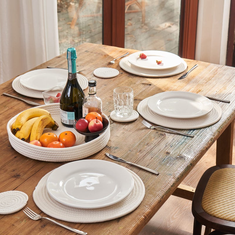 Art PineCone's Woven Cotton Rope Round Placemats Set of 4 with Holder Included, Non-Slip, and Heat Resistant Shabby Chic Placemats (Off White, 13 inch Plus Coaster) - Image 2