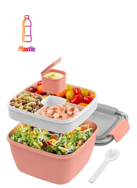 Salad Lunch Container To Go, 52-oz Salad Bowls with 3 Compartments, Salad Dressings Container for Salad Toppings, Snacks, Men, Women (Pink)