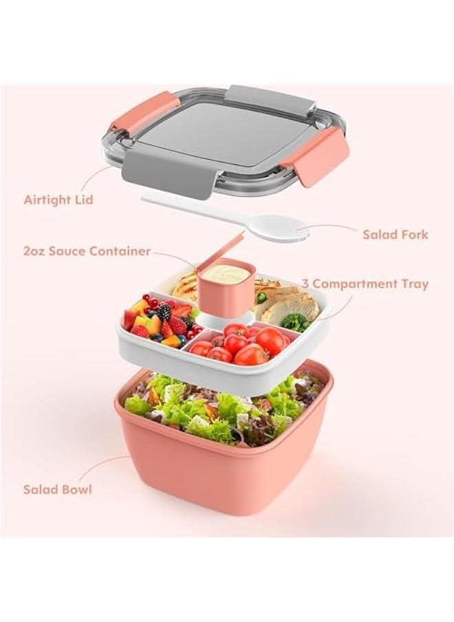 HOOKOR - Salad Lunch Container To Go, 52-oz Salad Bowls with 3 Compartments, Salad Dressings Container for Salad Toppings, Snacks, Men, Women (Pink) - Image 1