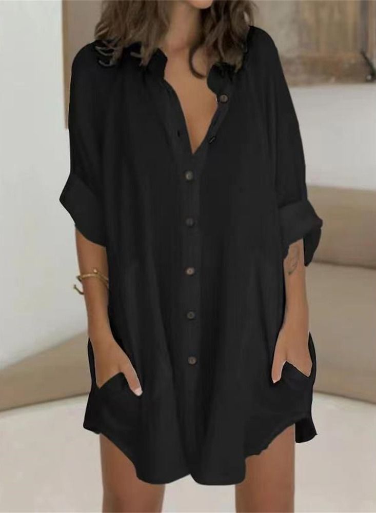 Loquat Casual Loose Single Breasted Shirt Dress Black