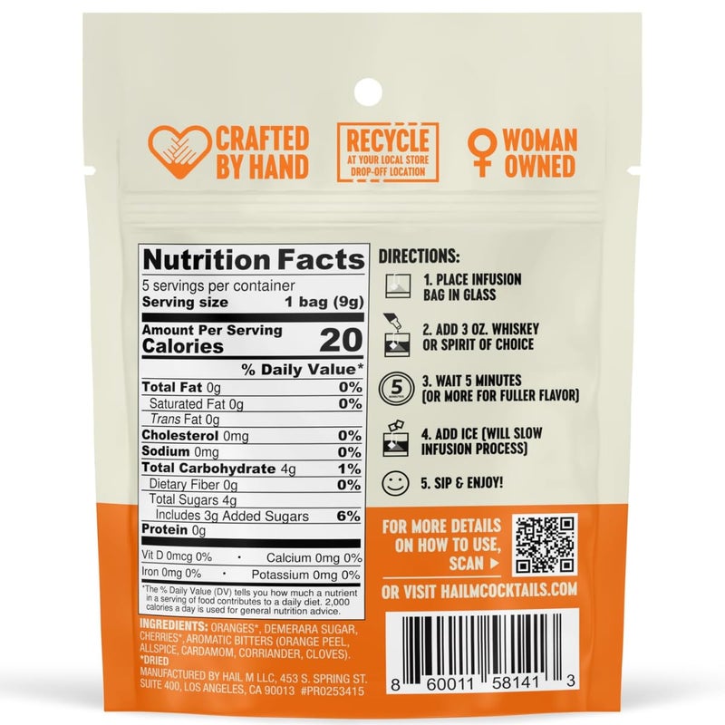 Old Fashioned Cocktail Infusion Bags - DIY Bourbon Cocktail Kit, TSA-Approved Travel Gift with Dried Orange, Cherry & Demerara Sugar - No Powders - 5 Cocktail Teabags - Image 2