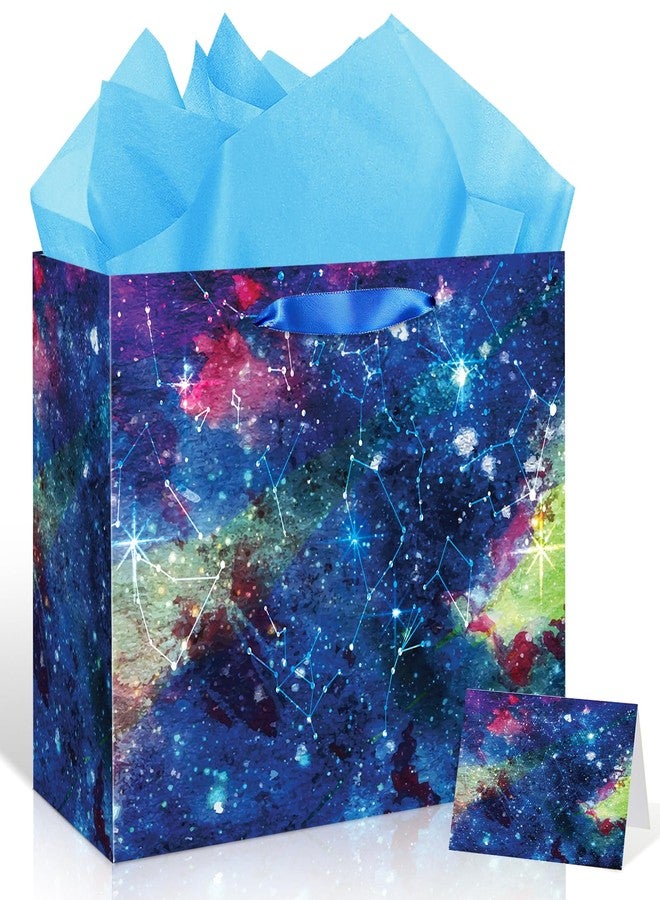 LUUFILx Galaxy Gift Bag Space Party Favors Bag with Card Tissue Paper Stars Outer Space Gift Wrap Blue Galaxy Wrapping Paper Goodie Candy Bag for Kids Boys Girls Birthday Anniversary Planet Party Decorations - Image 1