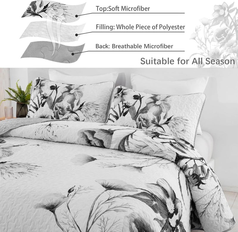 Drucon Floral Quilt Set California King 3 Pieces Grey Floral Quilt Coverlet Set Soft Microfiber Lightweight Purple Quilted Bedspread for All Season 106"x96" - Image 5