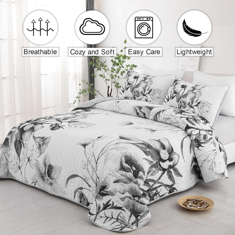 Drucon Floral Quilt Set California King 3 Pieces Grey Floral Quilt Coverlet Set Soft Microfiber Lightweight Purple Quilted Bedspread for All Season 106"x96" - Image 2