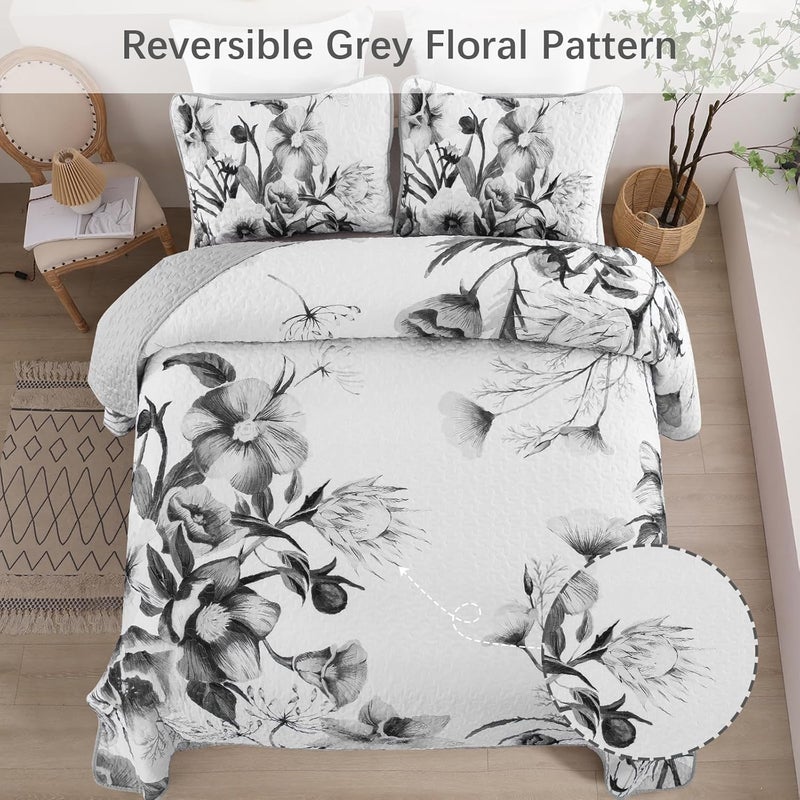 Drucon Floral Quilt Set California King 3 Pieces Grey Floral Quilt Coverlet Set Soft Microfiber Lightweight Purple Quilted Bedspread for All Season 106"x96" - Image 3