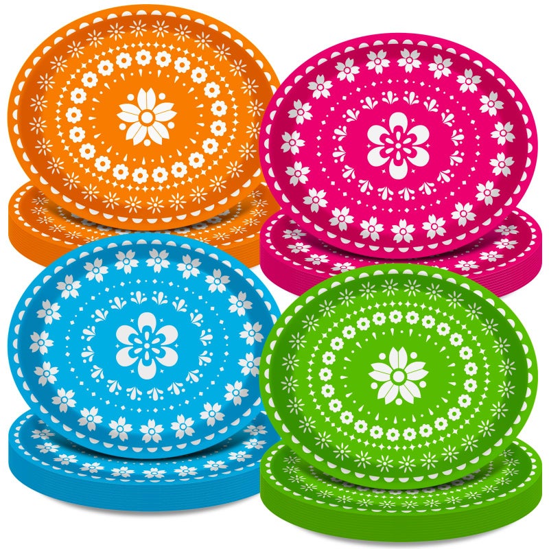 Kepeel 50 Count Fiesta Party Oval Paper Plates, Mexican Cinco De Mayo Large 11in Platters Tableware Supplies Disposable Dinner Plates for Mexican Taco Carnival Papel Picado Party Dinnerware Table Decorations - Image 1