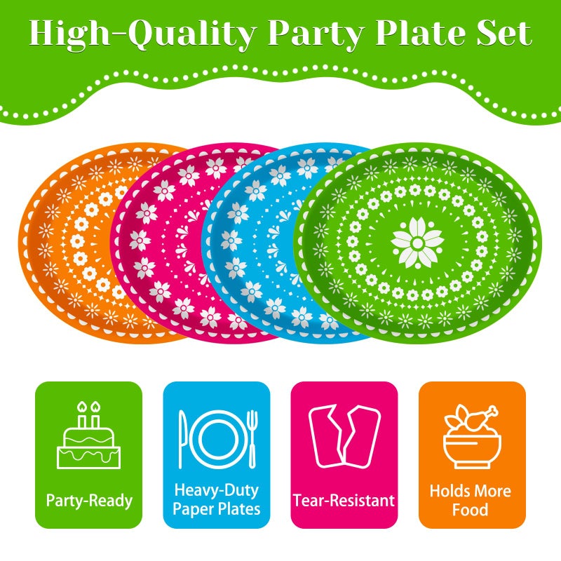 Kepeel 50 Count Fiesta Party Oval Paper Plates, Mexican Cinco De Mayo Large 11in Platters Tableware Supplies Disposable Dinner Plates for Mexican Taco Carnival Papel Picado Party Dinnerware Table Decorations - Image 3