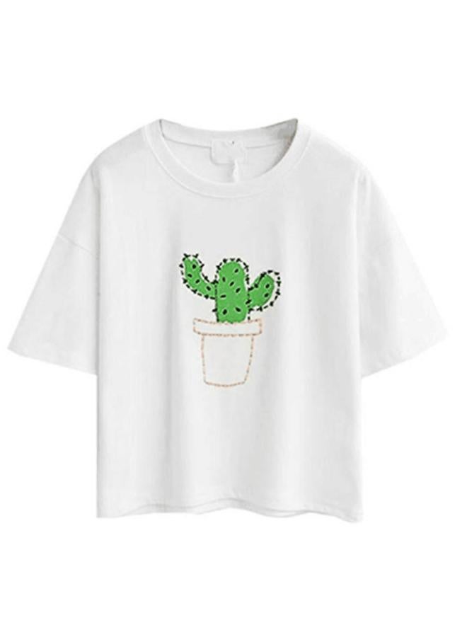 Song Feng Ya Summer New European And American Simple Short Cactus Embroidered Short-sleeved Cropped Cotton T-shirt For Women 