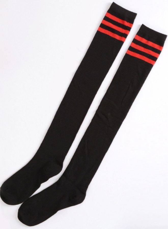 NIBEMINENT Women Stripe socks the Knee Thigh High black with red strips  - Image 1