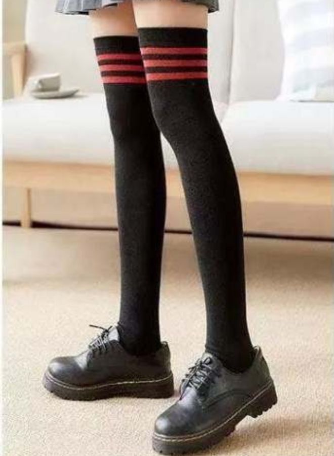 NIBEMINENT Women Stripe socks the Knee Thigh High black with red strips  - Image 3