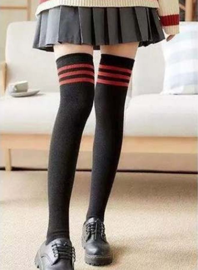 NIBEMINENT Women Stripe socks the Knee Thigh High black with red strips  - Image 2