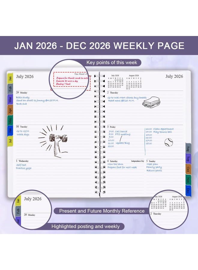 Nokingo 2026 Planner - Weekly & Monthly Planner Runs Jan 2026 to Dec 2026, 6.25" x 8.25", 12 Monthly Tabs, 14 Notes Pages, Inner Pocket, Flexible Cover with Twin-Wire Binding, Planners 2026 (Purple, 6.25" x - Image 3