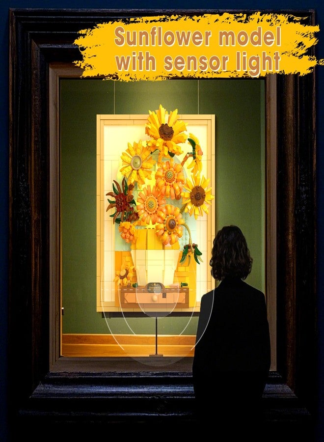 Brihappen Building Block Sets, Van Gogh Sunflower Painting Building Toys with Sensor Light, 1166 Pcs 3D Framed Wall Art for Adults, DIY Model Kit for Home Office Decor, Gift for Women & Art Lovers - Image 4