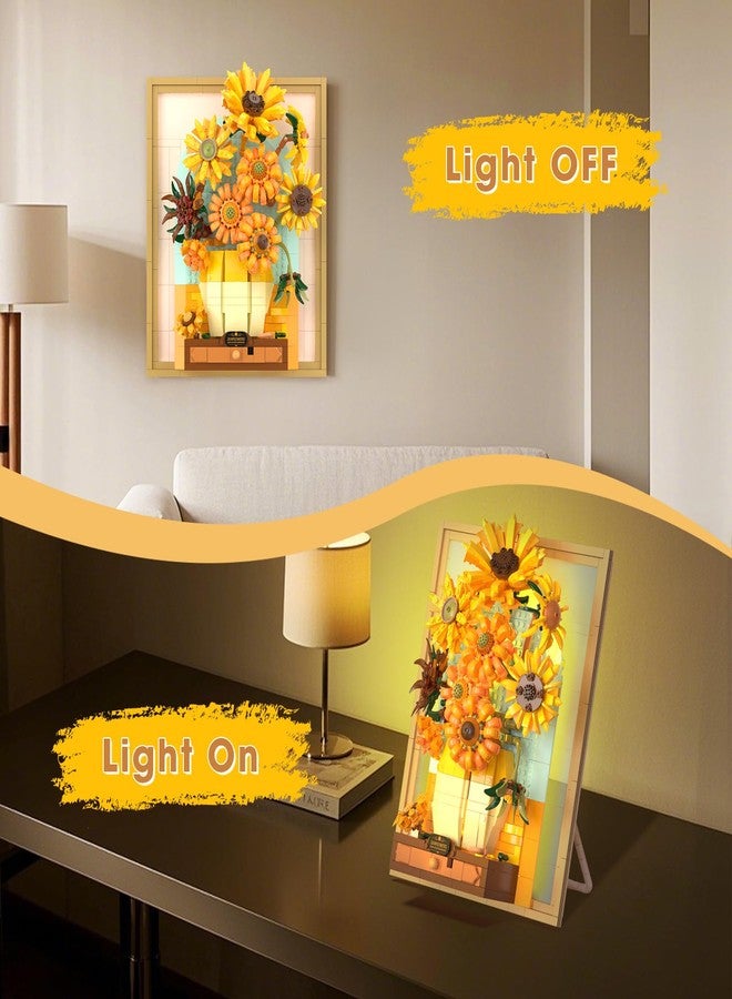 Brihappen Building Block Sets, Van Gogh Sunflower Painting Building Toys with Sensor Light, 1166 Pcs 3D Framed Wall Art for Adults, DIY Model Kit for Home Office Decor, Gift for Women & Art Lovers - Image 3